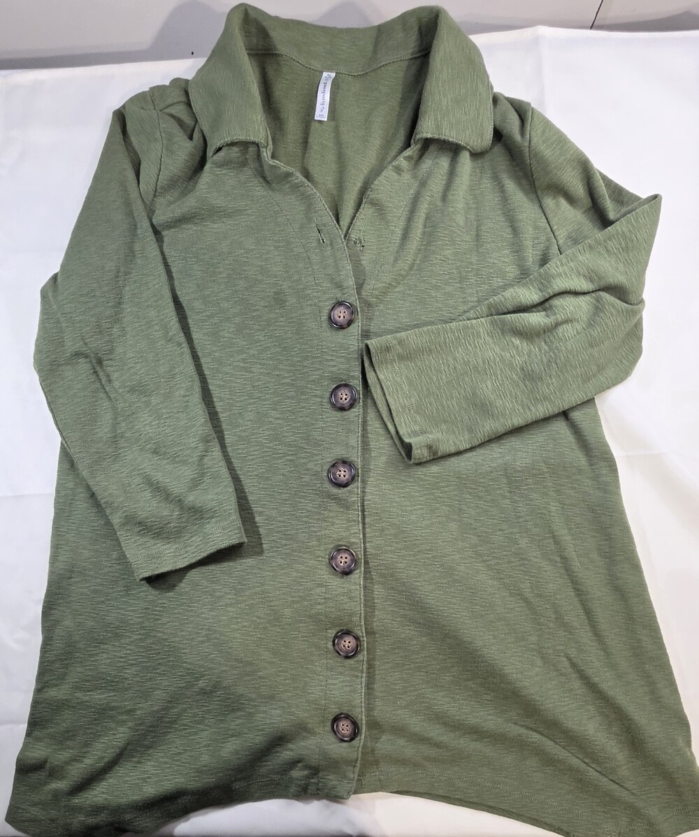 Passport Button Down Shirt Jacket Women's M Green Collared 3/4 Sleeve Sku 0356